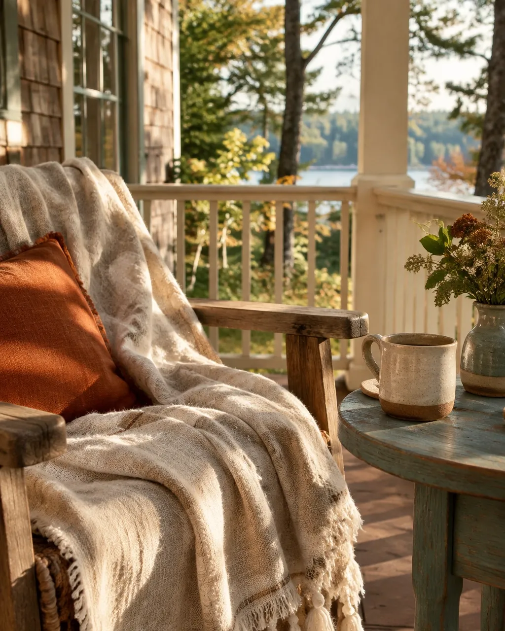 A welcoming cottage porch with linen and natural textures